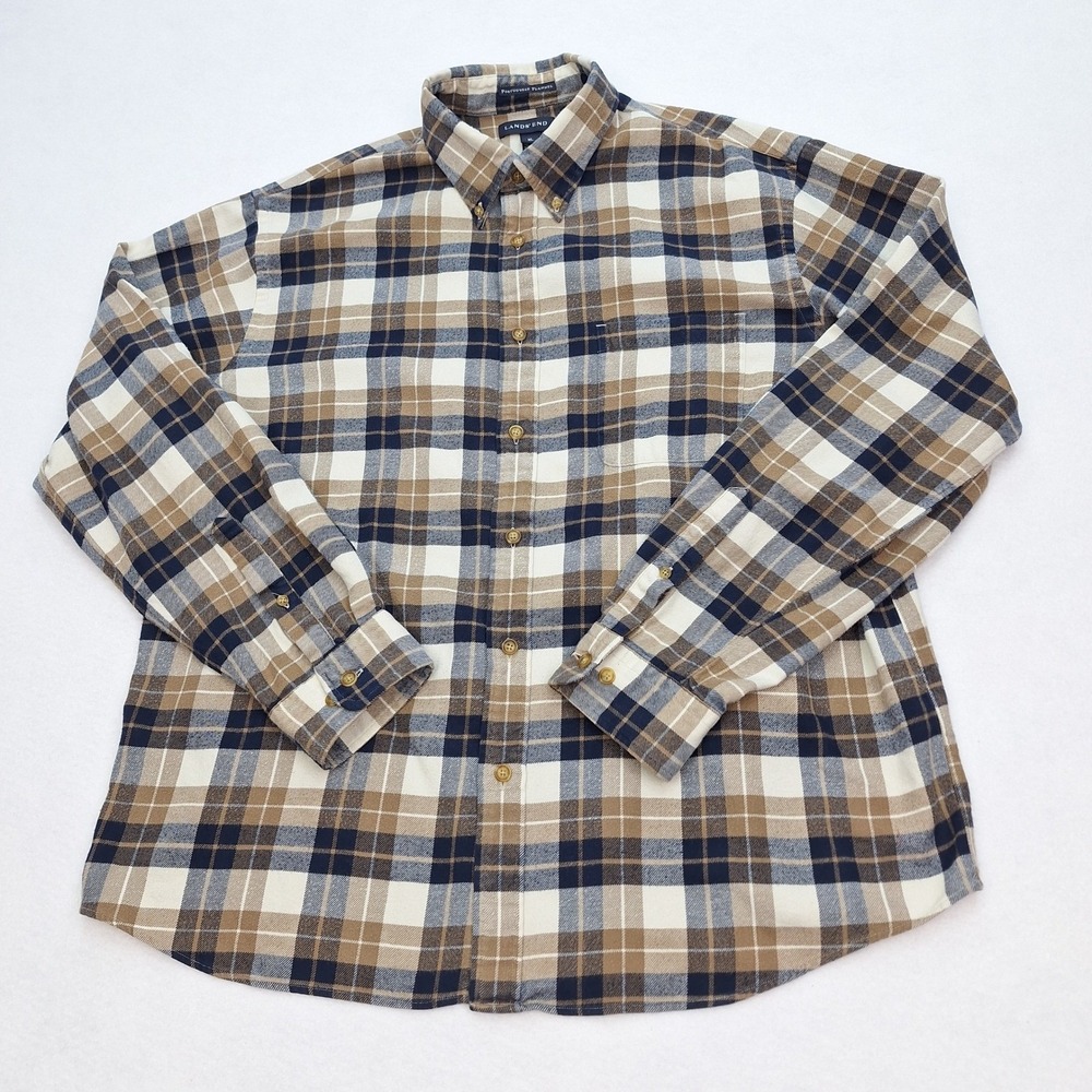 Lands End Shirt Mens XL Brown Portuguese Flannel Plaid Button‎ Down Long Sleeve
